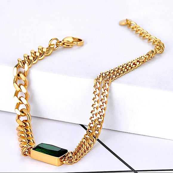 GOLD EMERALD GREEN CHAIN LINK BRACELET - Picture 3 of 14